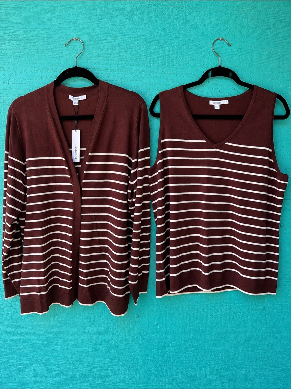 Chico’s Striped Cardigan Tank Set Chocolate Brown Cream NWT Large